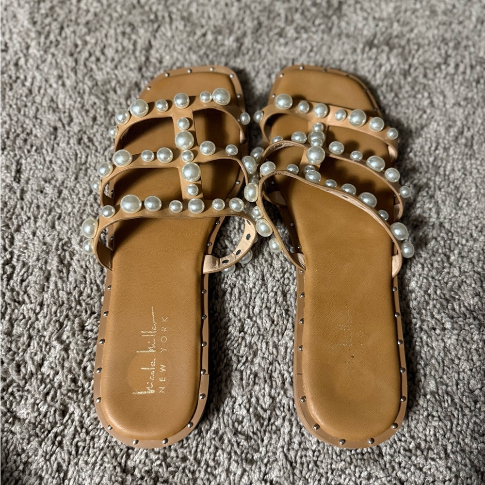 Nicole Miller Women's Tan Pearl Embellished Sandals | Size 7.5